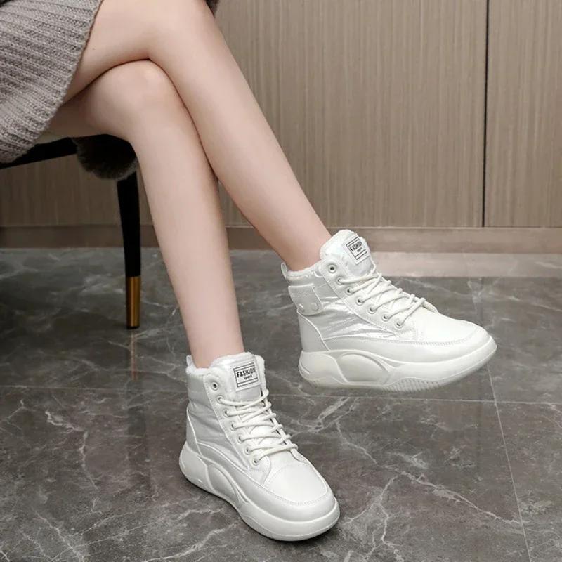 Fashion Round Toe Chunky Shoes for Women Lace-up Platform with Laces White Womens Snow Boots High Boot Female Trend 2024 Hot Pu Work Y2k