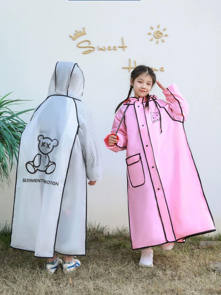 Kids Raincoat Girl Boys Primary and Secondary School Students Youth Poncho with Schoolbag Seat Long Body Waterproof Thickened White
