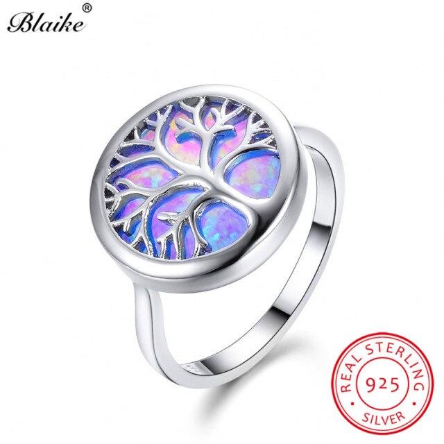 Кольца Blaike Vivid Life Tree с белым/голубым огненным опалом для женщин и мужчин, кольцо из стерлингового серебра 925 пробы, ювелирные украшения, радужный камень, подарки