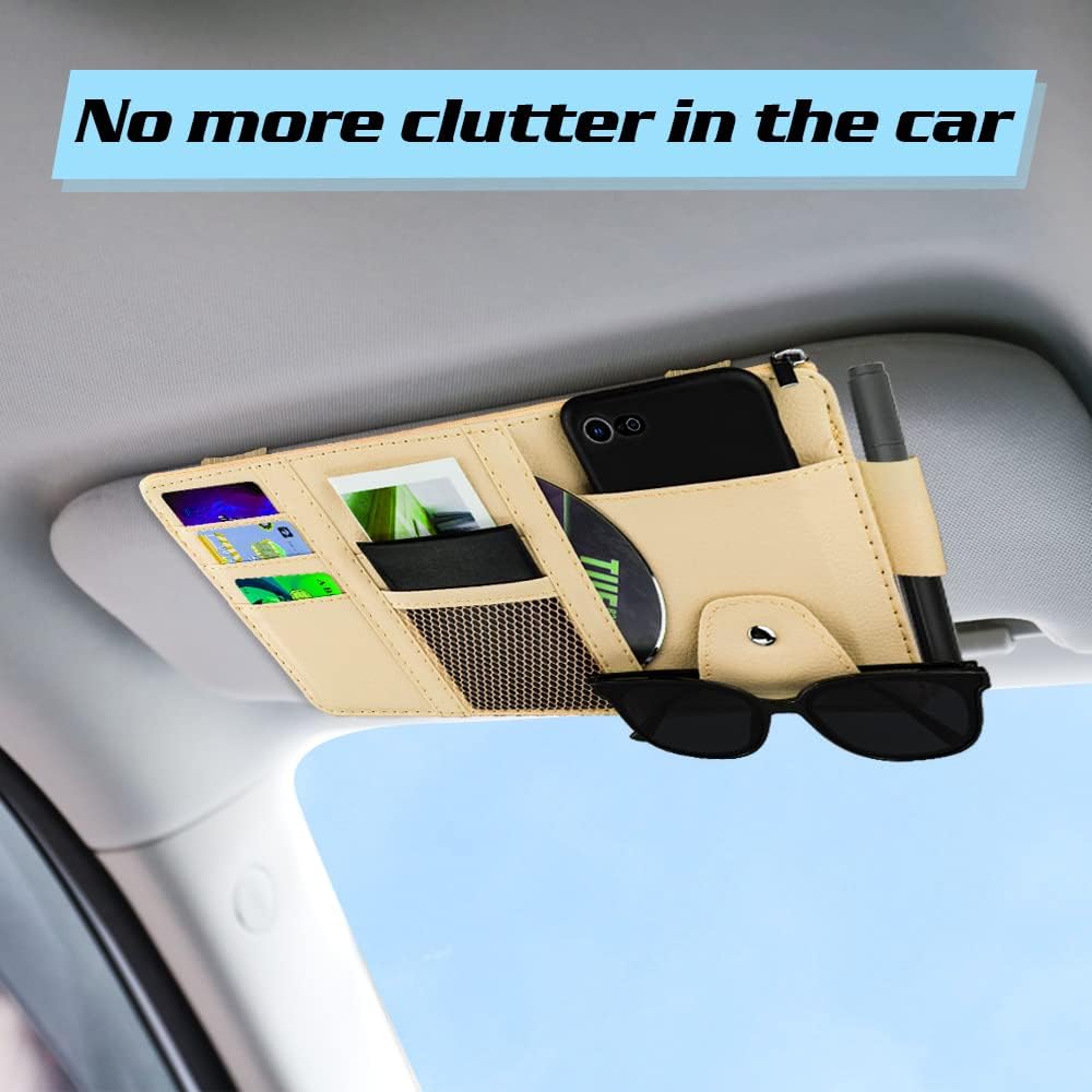 Car Sun Visor Organizer, Leather Pocket Organizer Sunglass Holder For Car Interior Accessories With Multi-Pocket Net Zipper (Beige)