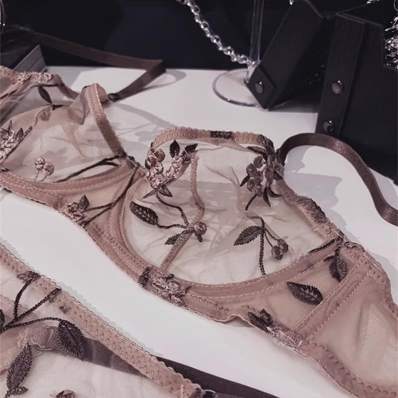 Сексуальный комплект бюстгальтера с французским кружевом и вышивкой: Прозрачный дизайн для похудения для большой или маленькой груди, уменьшает боковой жир, ультратонкий собирающий эффект
