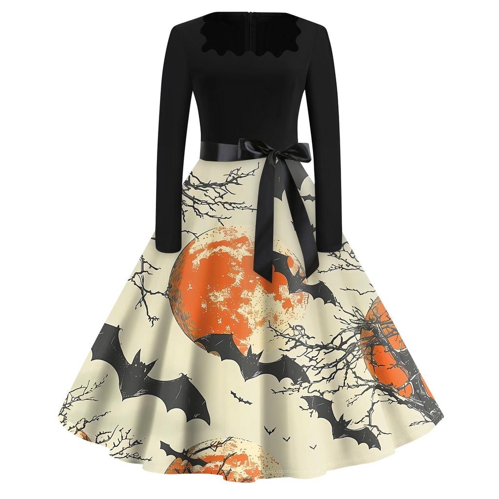 Платье с расклешенным принтом на Хэллоуин для женщин, платье с длинным рукавом, полые вечерние повседневные платья