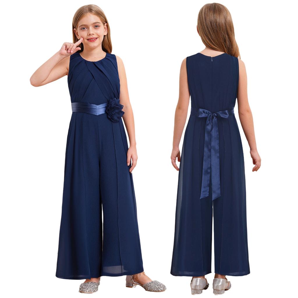 Наряд для девочек на вечеринку и праздник: Шифоновый комбинезон с рюшами и съемным цветочным акцентом, с поясом на высокой талии, для мероприятий