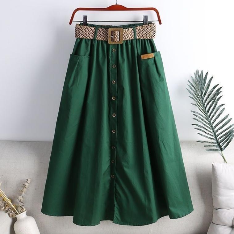 Cotton Midi Skirt With Belt Women Single -Breasted Large Pockets High Waist A -Line Skirt Autumn Summer Korean Fashion Long Skirt