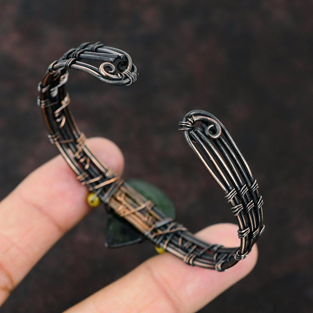 Браслет-манжета из зеленого нефрита, браслет из желтого коралла, браслет из медной проволоки, ювелирные изделия из медной проволоки, регулируемая манжета, браслет ручной работы, подарок для нее