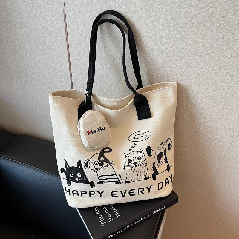 2025 Autumn New Korean Version Fashion Cartoon Canvas Bag Casual Commuting Simple Large Capacity Tote Bag Shoulder Bag