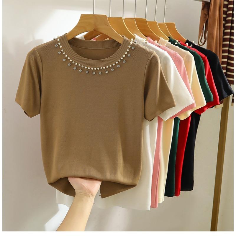 Women's Summer Short Sleeve Knitted T-shirt New Fashion O Neck Beaded Knit Elegant Short Top Female Casual Simple Solid Color Ladies Tshirt 3112