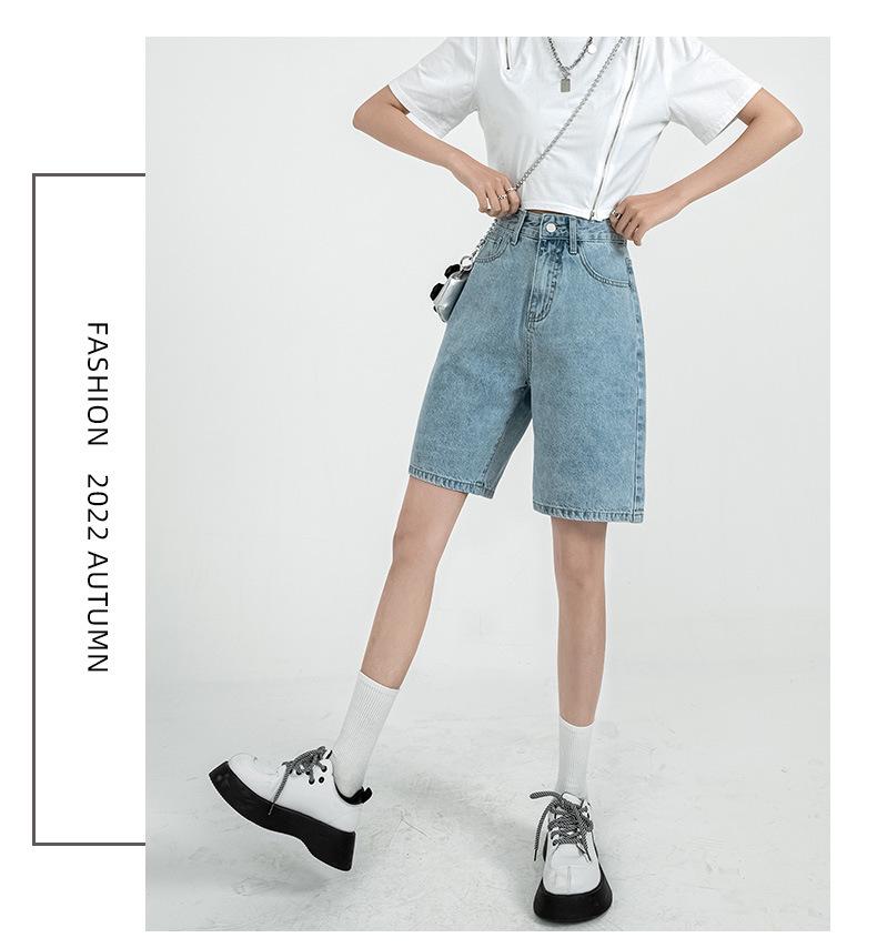 Women's High-Waist Retro Denim Shorts: Loose, Straight-Leg, 5-Point Mid-Length, Hong Kong & Japanese Style for Spring & Summer