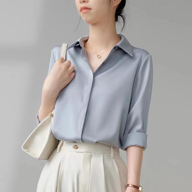 Women's Ash Blue Satin Long Sleeve Shirt - Retro Hong Kong Style, Spring Commute, Concealed Placket, Versatile Drapey Blouse