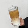 600ML Large Capacity Cup, High Aesthetic Coffee Cup With Lid and Water Cup, Simple Straw, Vertical Stripe Glass Cup