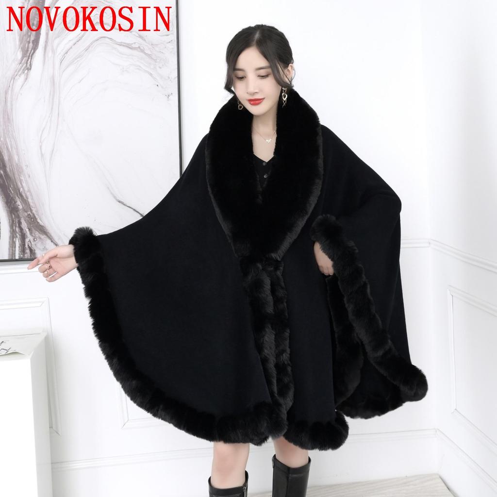16 Colors Women String Rabbit Fur Collar Outstreet Wear Winter Thick Poncho Cardigan Long Cloak Big Pendulum Loose Shawl Coat
