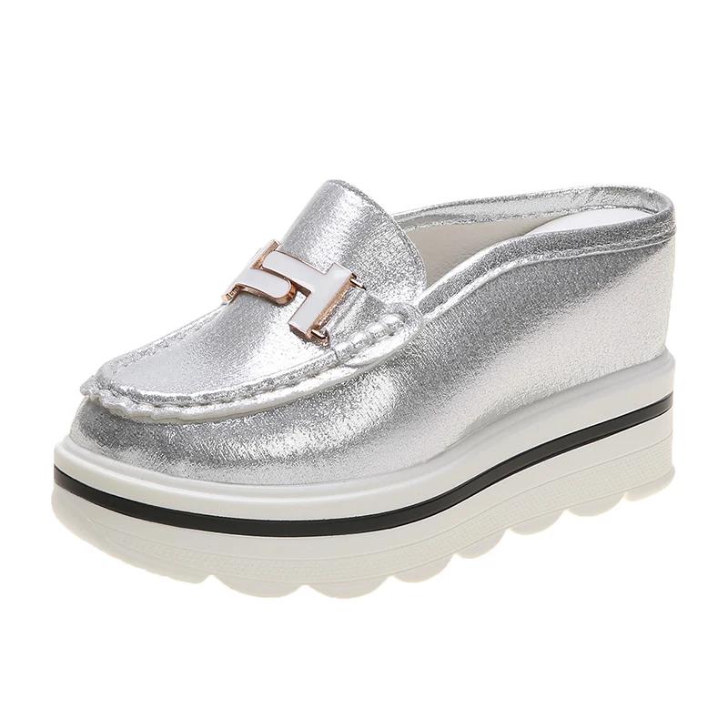 Белые туфли женские полуподдерживающие без каблука ленивые повседневные сандалии с закрытым носком сверхвысокий каблук скошенный каблук толстая подошва увеличение высоты...