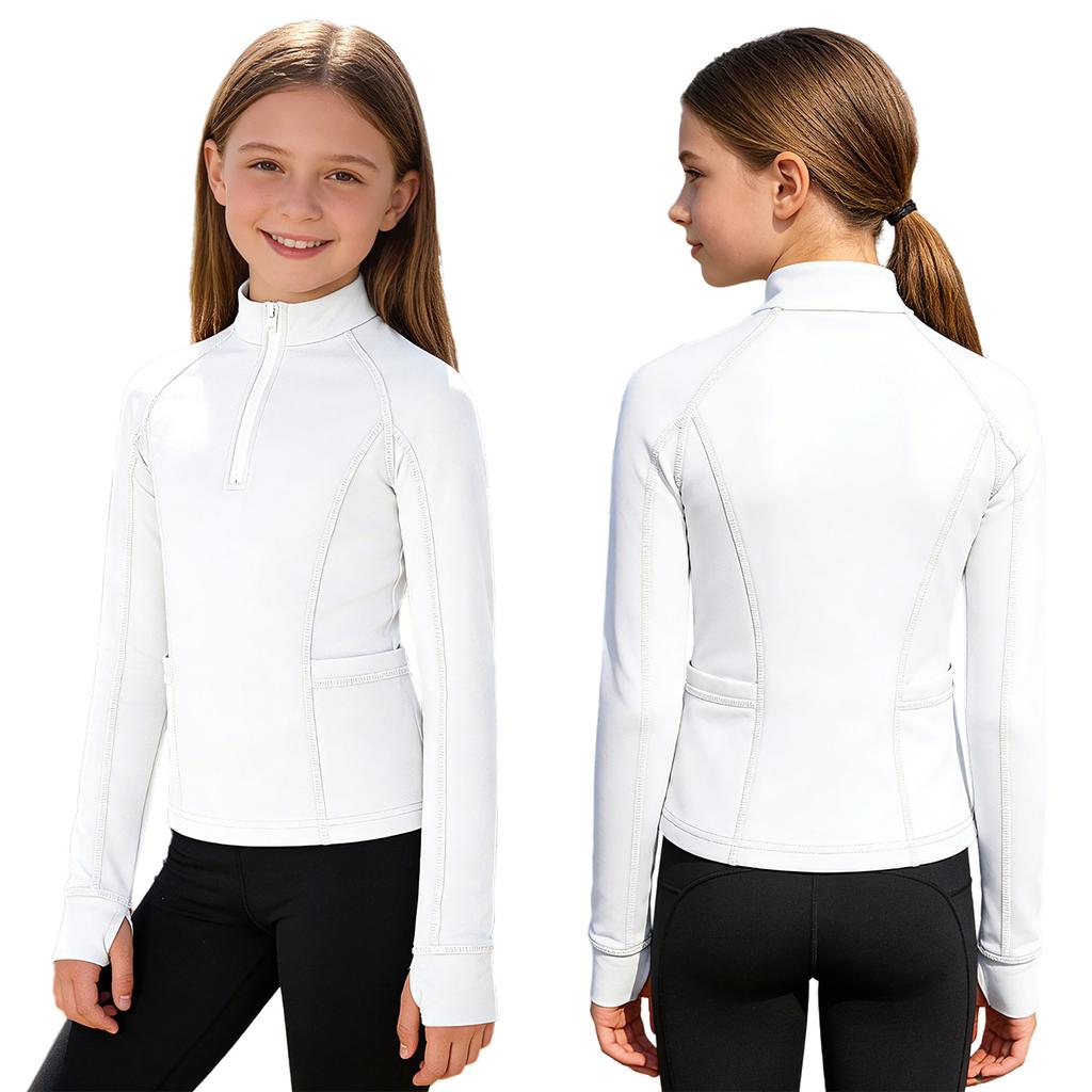 Comfortable Zip-Up Riding Shirt for Girls: Breathable Sweatshirt with Thumb Holes, Collared Neck & Secure Zip Pockets