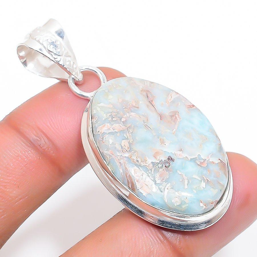 Natural Republic Larimar Gemstone 925 Sterling Silver Jewelry Pendant 1.97" h3Y76