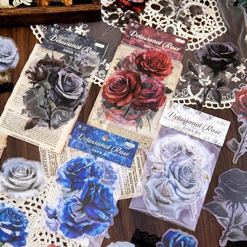 Journamm 10pcs/pack Rose Theme PET Stickers Flowers Stickers DIY Scrapbooking Collage Diary Aesthetics Decor Sticker Stationery
