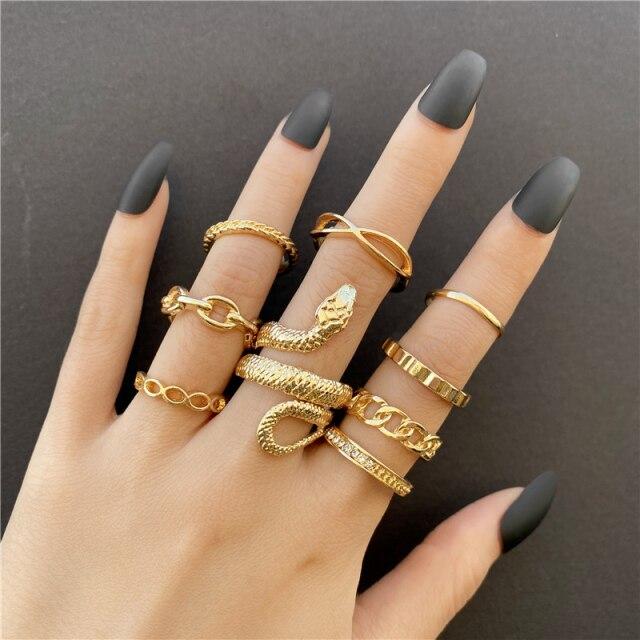 17KM Retro Hiphop Snake Skeleton Skull Rings Set For Men Women Punk Silver Plated Butterfly Chain Rings 2022 Trend Jewelry Gifts