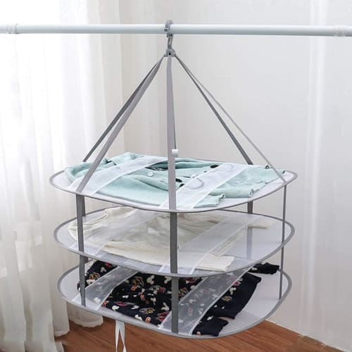 KAKETE Clothes Drying Net, 3-Tier, Flat Drying Net, Foldable Storage, Prevents Clothes from Deforming, Windproof, Breathable, Shape-Retaining, Knit Sw