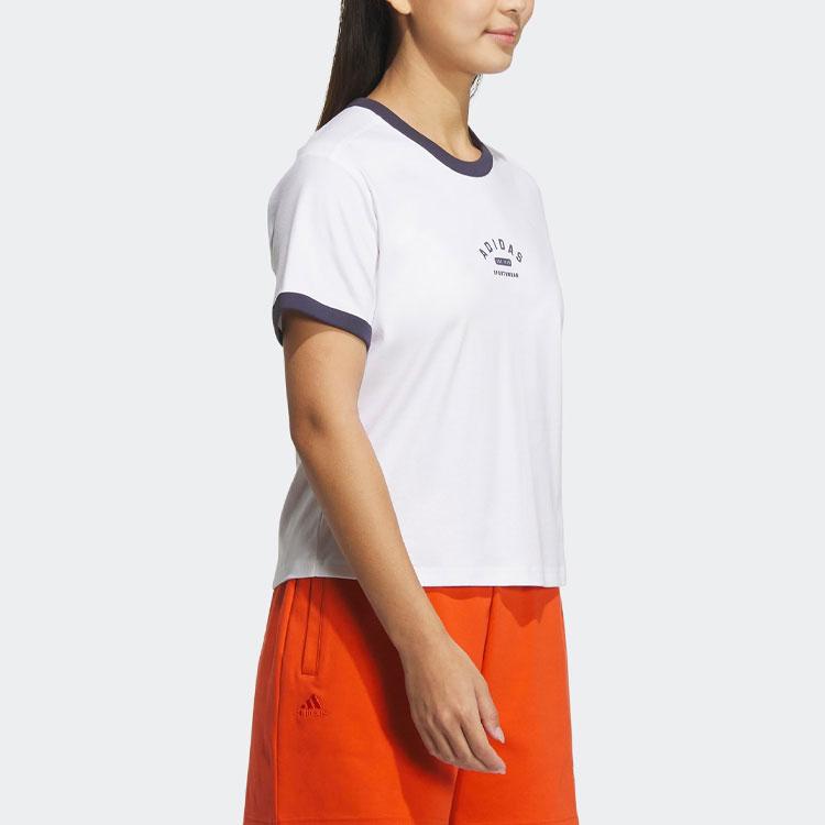 adidas Футболка с вышивкой логотипа и буквенным принтом в рубчик с круглым вырезом и короткими рукавами, женские топы, белый, темно-бирюзовый IP3940
