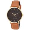 MTP-VT01GL-5B Men's Minimalist Gold-Tone Brown Leather Band Burgundy Dial Three-Hand Analog Watch, Blue, One Size, Analog Watch, Quartz Movement