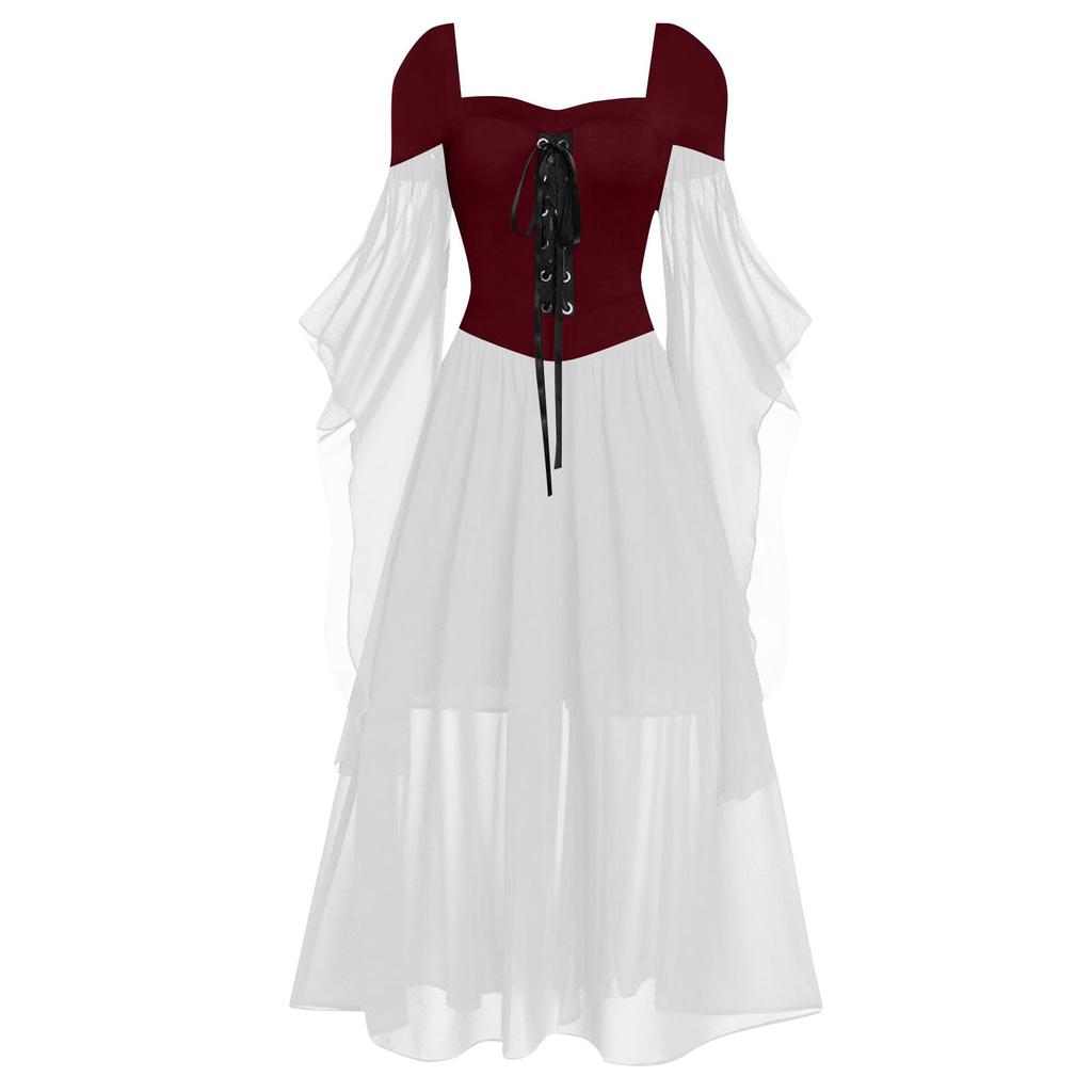 Women Casual Plus Size Cold Shoulder Dress Solid Color Lace Butterfly Sleeve Halloween Gothic Dress
