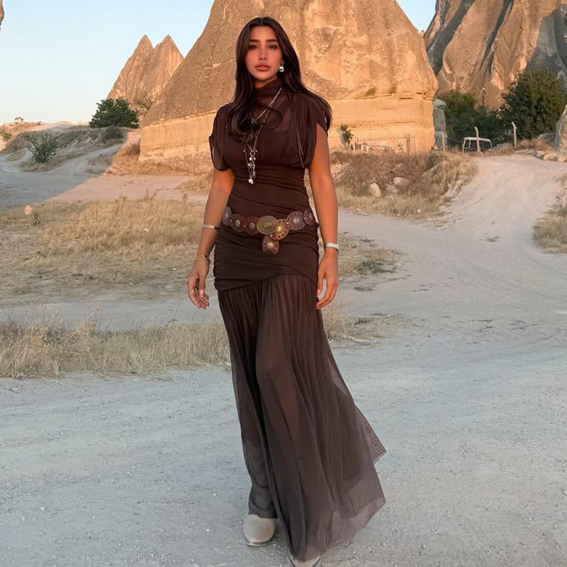 Черное сетчатое макси-платье для женщин, сексуальное платье без рукавов, прозрачное плиссированное платье для вечеринки, женская мода, облегающее длинное платье 2025