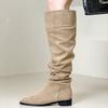 Fashion Middle Heel Women's Long Boots Khaki Square Toe Ladies Knee High Shaft Shoes Fur New Rock Quality Comfortable and Elegant Pu In