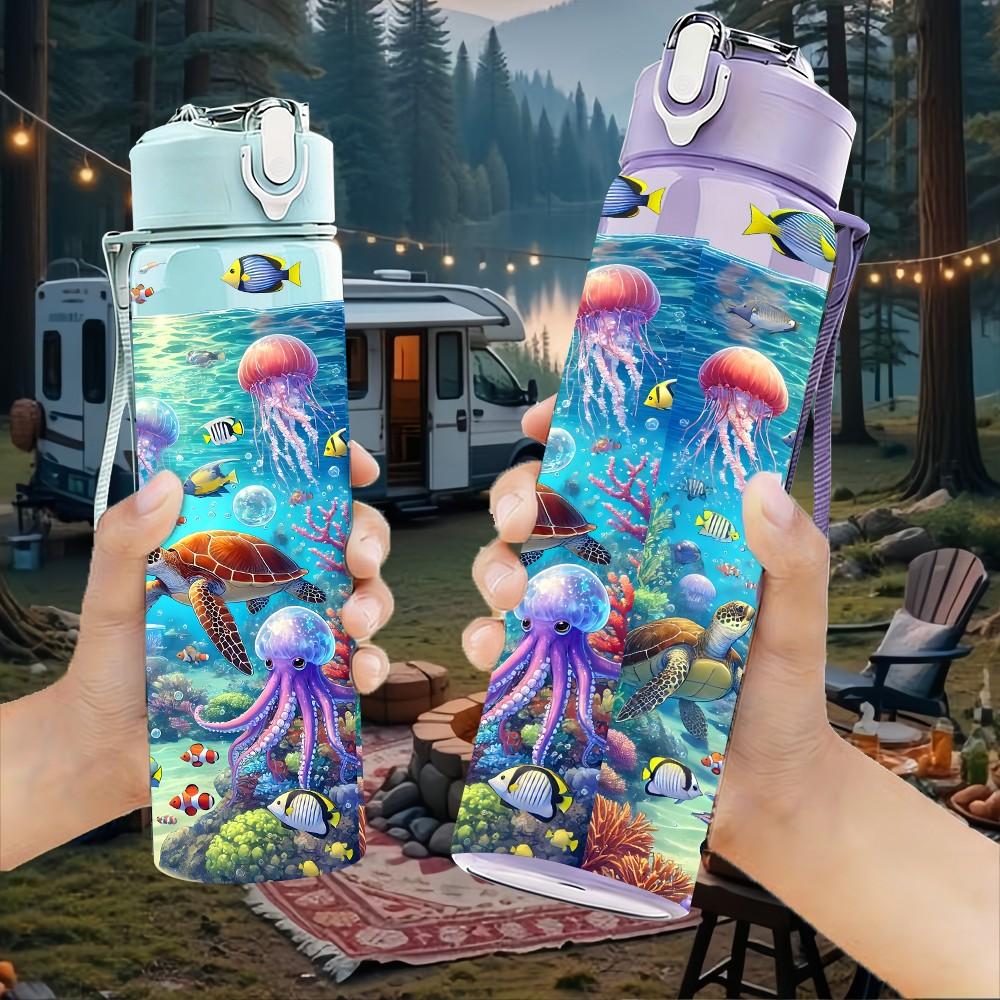 1PC Underwater Coral Fish Ocean Scene Print 750ml Color Plastic Sports Water Bottle Leakproof Flip Straw Lid Suitable for Sports Office Home Use