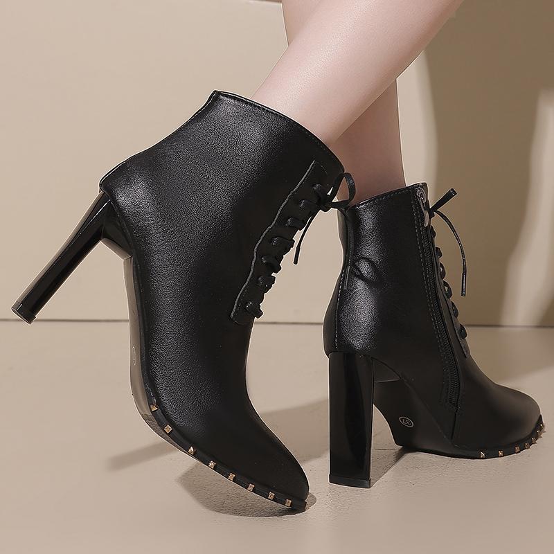 Модные голые ботинки Зимние Новые Остроносые На шнуровке спереди Боковая молния Противоскользящие Износостойкие Высокие каблуки