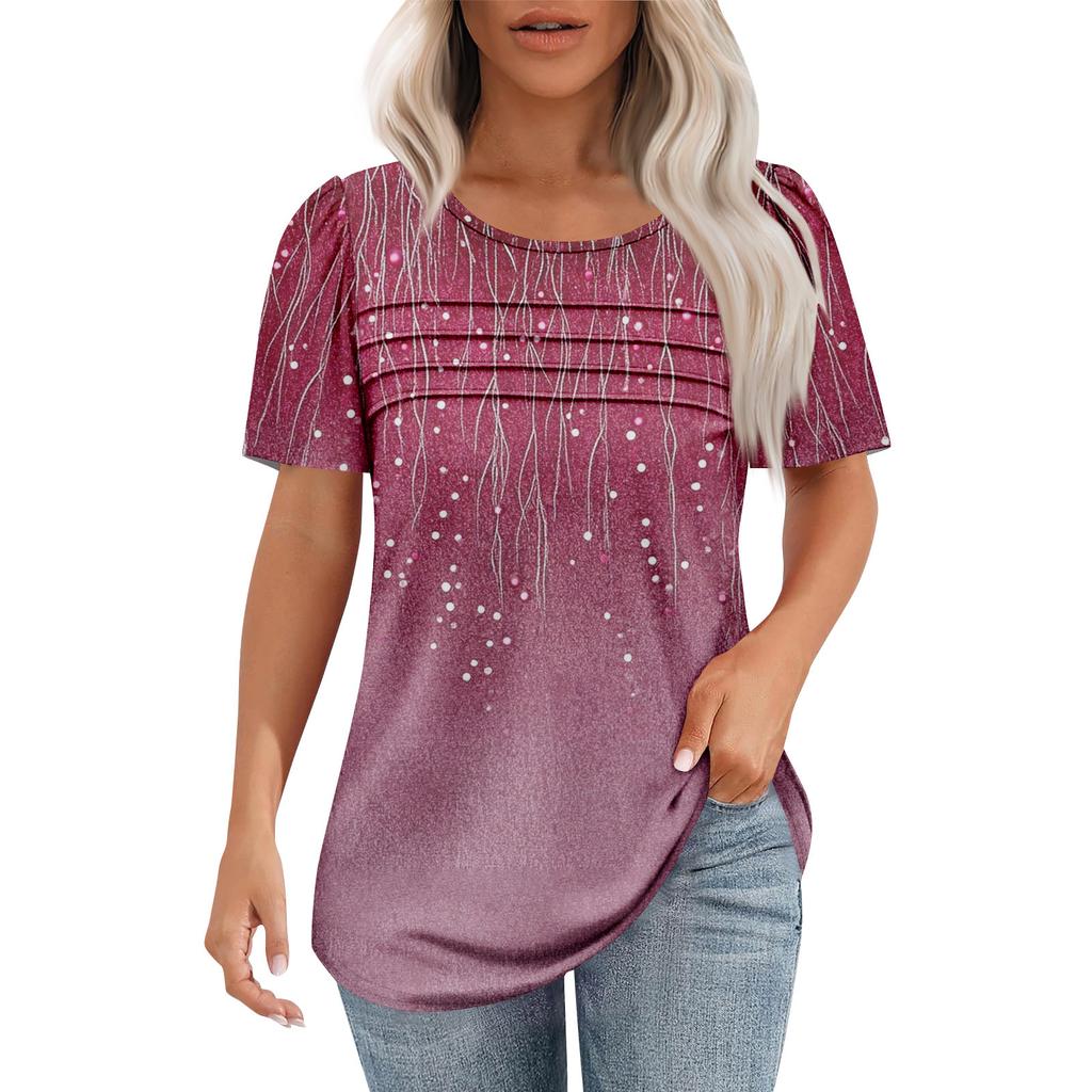 Ladies' Fashionable Printed Round Neck Pleated Short Sleeved Shirt