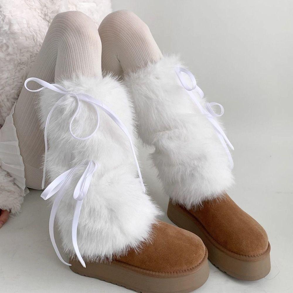 Fuzzy Plush Boot Cuffs Bowknot Ribbon Plush Stockings JK Boot Cover  Sweet Harajuku Style