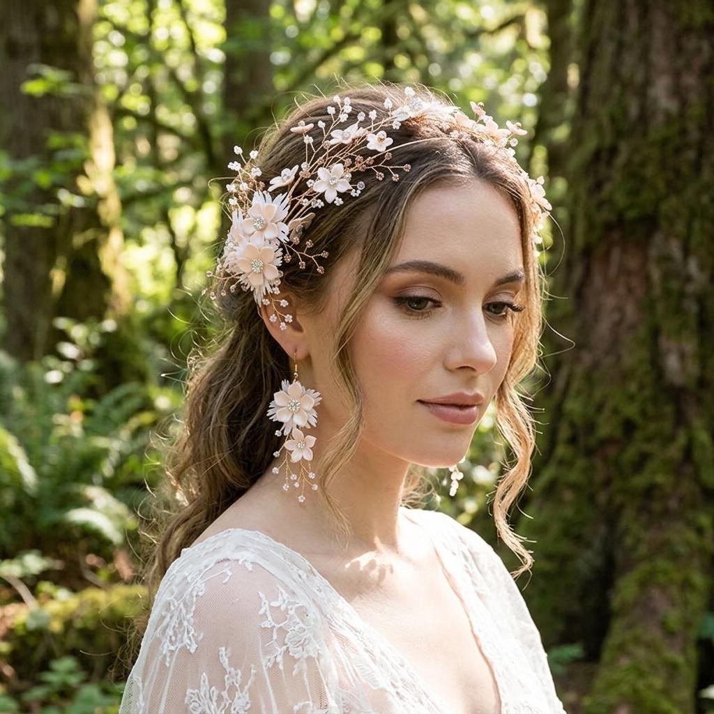 Flower Hairband Earring Set For Wedding Photoshoot Floral Headwear