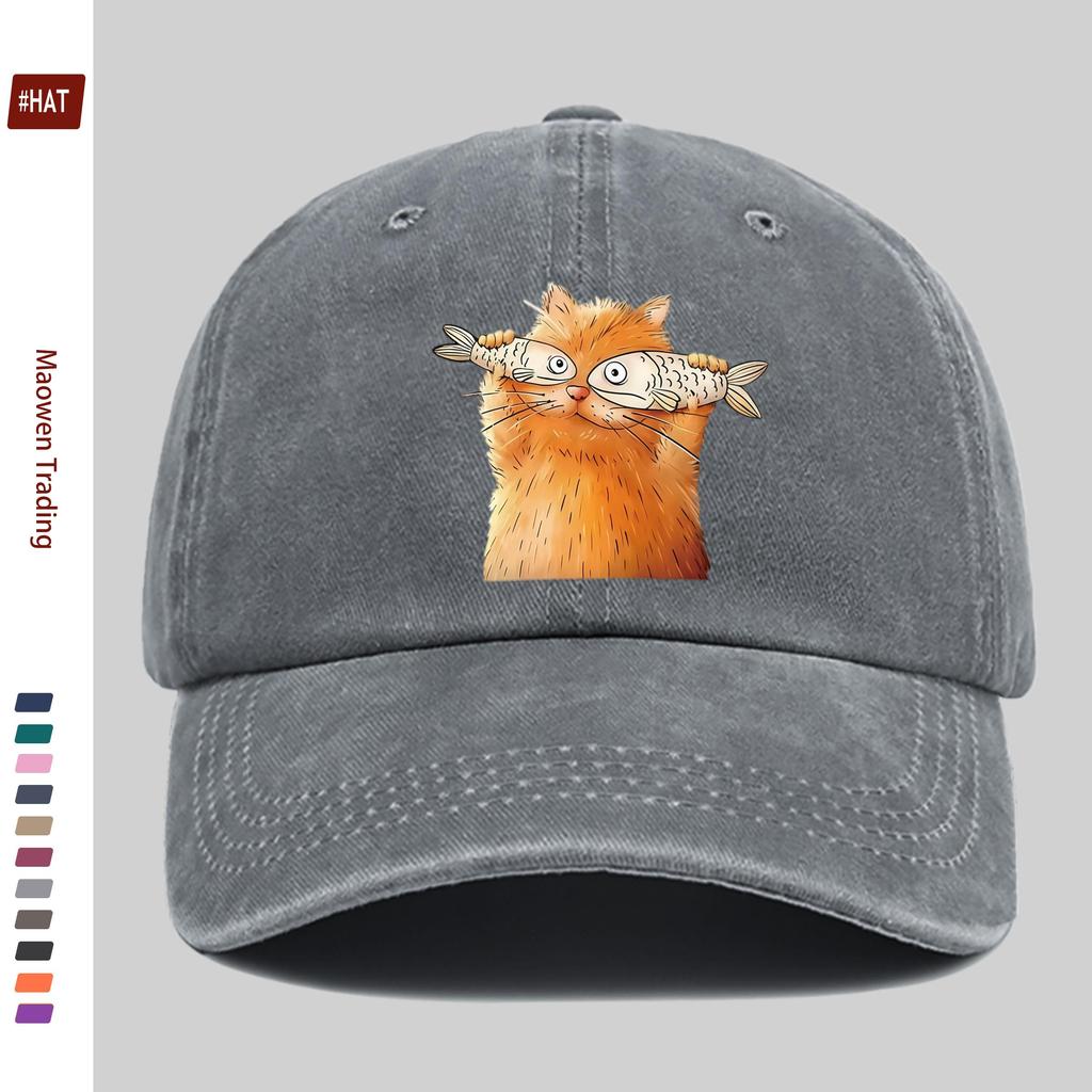 pc Unisex Playful Cat and Fish Pattern Print Baseball Cap Ideal Decorative Hat for Pet Lovers Multiple Colors Available Comf