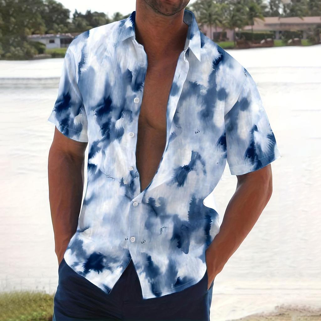 Men's Summer New Loose Print Short Sleeve Shirt Cardigan Beach Shirt