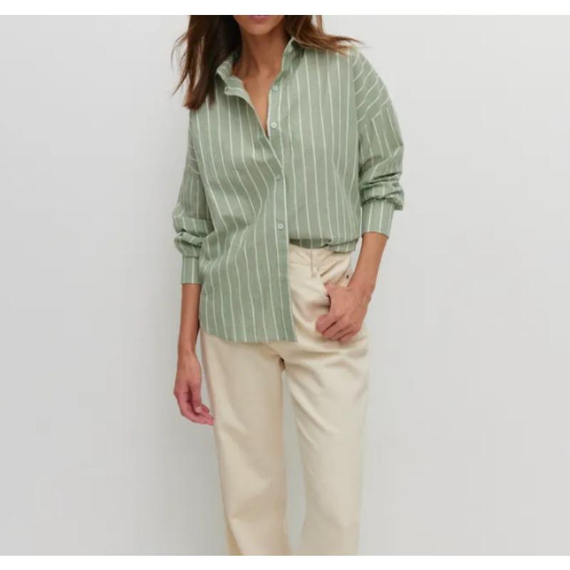 Women Striped Long Sleeve Turn Down Collar Loose Casual Shirt Coat