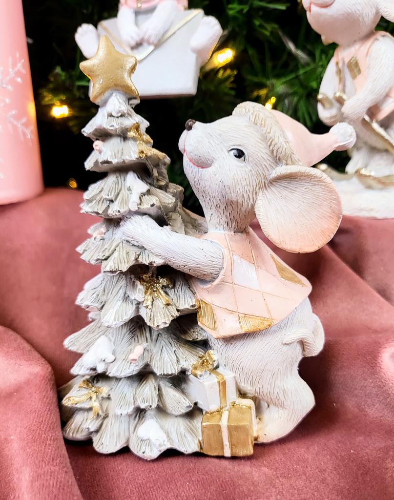 Christmas Mouse Figurine with Christmas Tree Pink