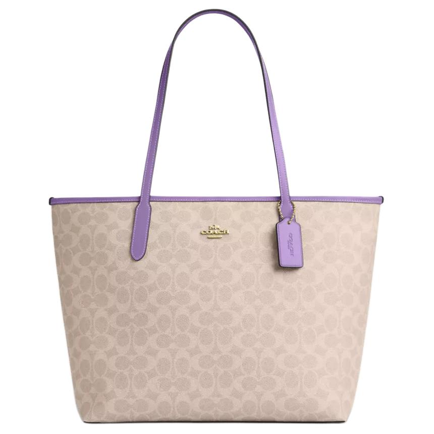Coach City 33 Logo Print Coated Canvas Tote Bag Women tote bags Beige Purple CV976-IMY1K