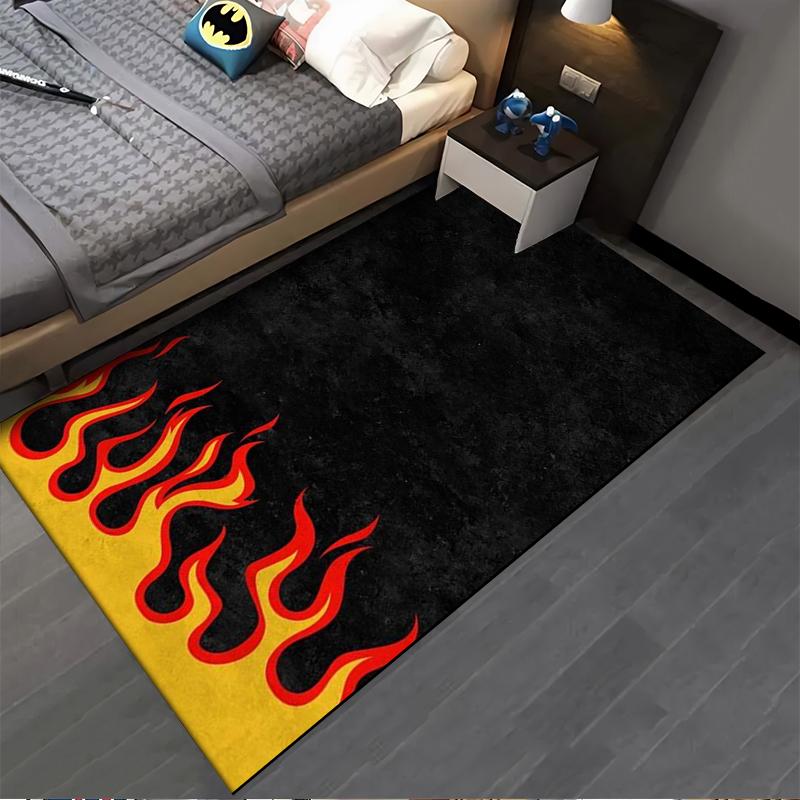 Black Carpet with Red Flames and Yellow Border Design for Home Decor Suitable for use as an anti-slip for living room bedroom sofas