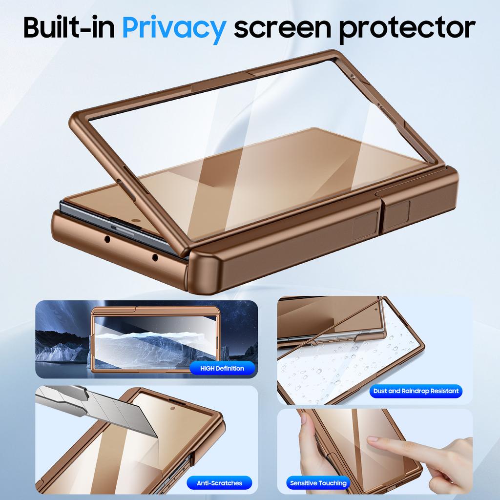 Для Samsung Galaxy Z Fold 7 С держателем для карт, Блокировка RFID, Встроенная сдвижная крышка для объектива и Защита шарнира и Подставка и Защитная пленка для экрана, Чехол-кошелек-Золотой