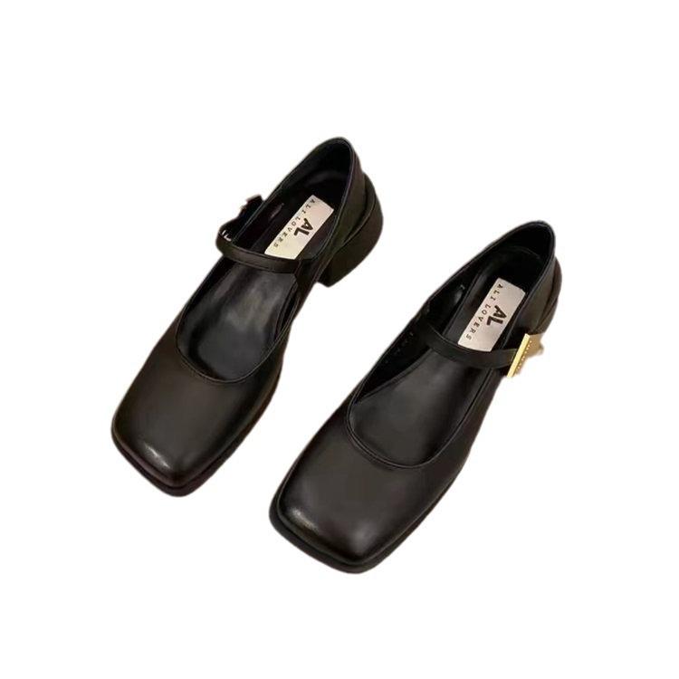 Туфли на толстом каблуке, женские весенние туфли на высоком каблуке, ретро-туфли с квадратной головкой и пряжкой в виде слова, женские туфли Мэри Джейн
