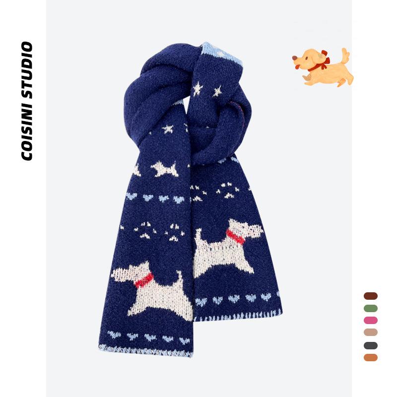 New Japanese Style Cute Puppy Navy Blue Knitted Scarf for Women To Keep Warm In Winter and Versatile for Student Couples Woolen Scarf