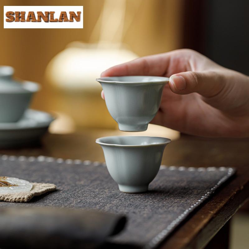 2pc/lot Handmade Sky Blue Ru Kiln Petal Teacup Boutique Tea Bowl Jug Tea-tasting Meditation Cup Jianzhan Master Cup Teaset 45ml