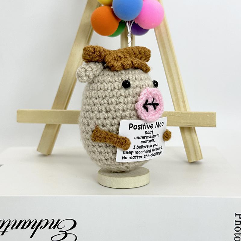 Funny Positive Crochet Cow Doll Desktop Ornament Handmade Cheer Emotional Support Positive Cow with Card Home Party Decoration