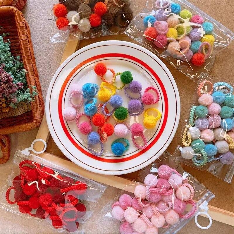 20Pcs Colorful Plush Ball Elastic Girls Hair Bands Kids Ties Ponytail Rubber Bands Headwear Hair Accessories