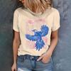 Женская бежевая футболка с принтом синей птицы и природы, повседневный летний стиль, круглый вырез, короткий рукав, топ для повседневной носки