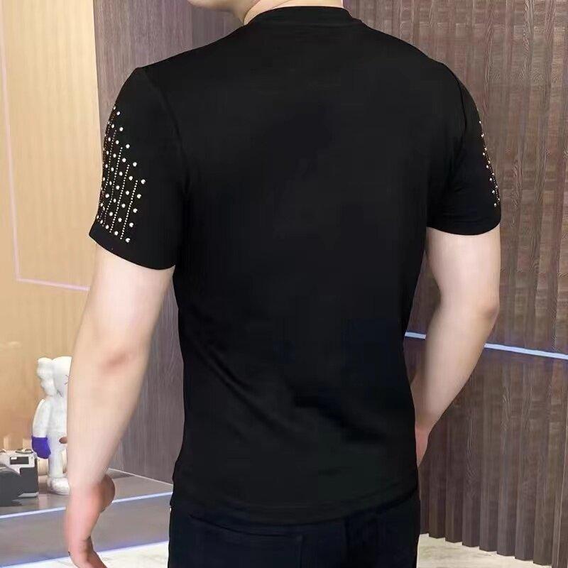 Роскошная футболка с короткими рукавами и стразами для мужчин, летняя, с круглым вырезом, облегающая, повседневная, социальная, уличная одежда, топы