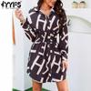 Women's Fashion Spring Fall Colour Block Print Long Sleeve POLO Neck Middle Waistline Casual Dresses