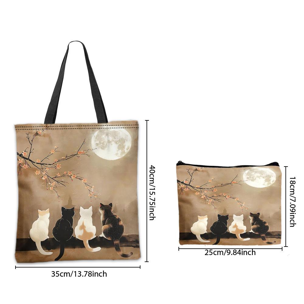 Chic Kitten Moon and Cat Shoulder Bag And Makeup Bag Reusable Shopping Bags Chic Cosmetic Pouch Handbag Women's Daily Use