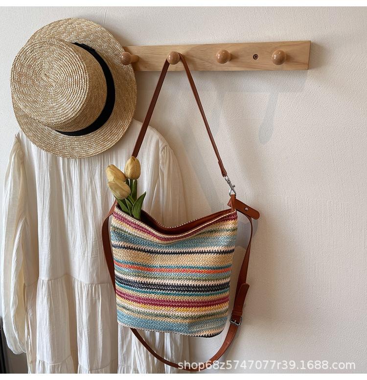 Summer Rainbow Woven Bag Women's 2025 New Large-capacity Straw Woven Bucket Bag Seaside Vacation Shoulder Messenger Bag