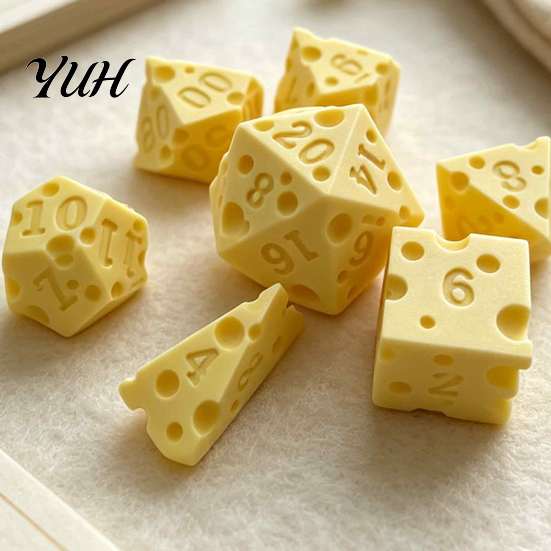 Gaming Dice Kit 7Pcs 3D Printed Cheese Set, D4/6/8/10/12/20 Multi-side Dice, Set Polyhedral for Family Night Party Board Game D20
