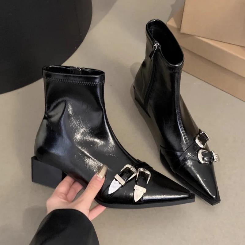 Zipper Women's Boots Autumn Shoes Boots-Women Black Rubber Pointy Med Ladies Rock Ankle PU Hoof Heels Rome Pointed Toe Micr